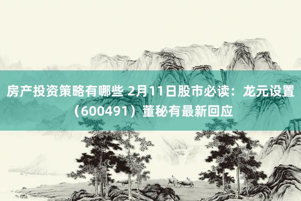 房产投资策略有哪些 2月11日股市必读：龙元设置（600491）董秘有最新回应