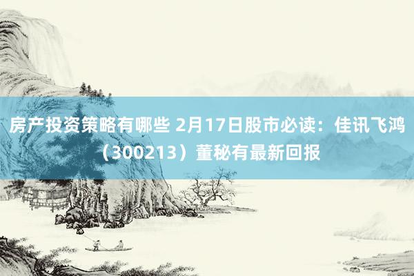 房产投资策略有哪些 2月17日股市必读：佳讯飞鸿（300213）董秘有最新回报